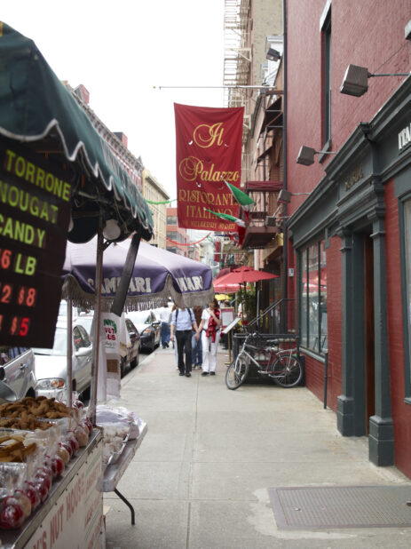 View Down a Sidewalk on Mulberry Street in Little Italy, Manhattan, New York City