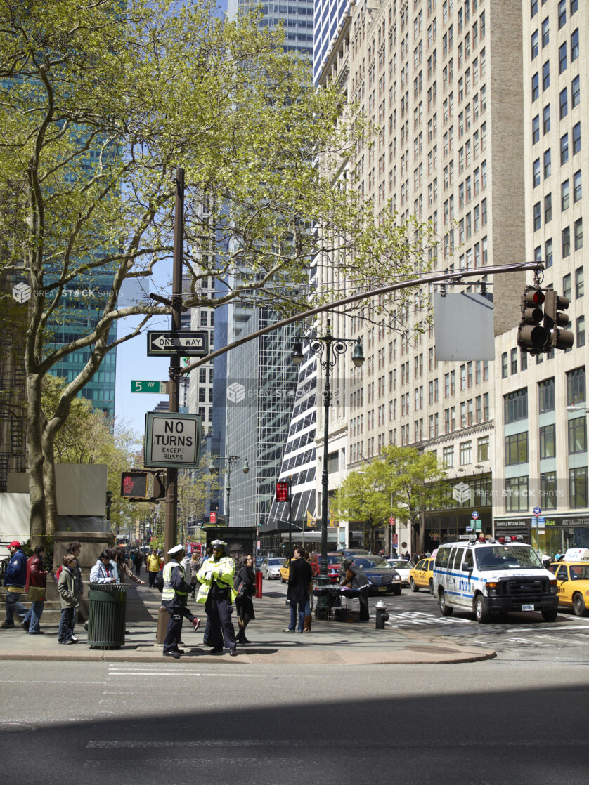 View of a Busy Street Corner on Fifth Avenue in Manhattan, New York City