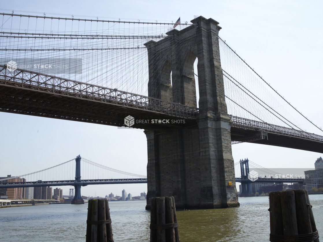 View of the Brooklyn Bridge from the South Street Seaport in Manhattan, New York City