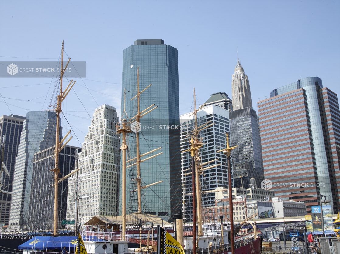 View of Sailing Ships Moored at South Street Seaport in Lower Manhattan, New York City
