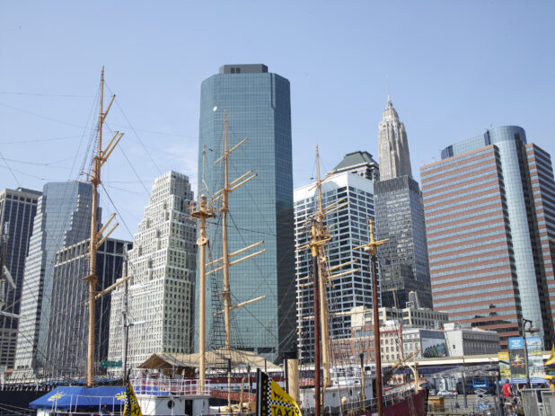 View of Sailing Ships Moored at South Street Seaport in Lower Manhattan, New York City