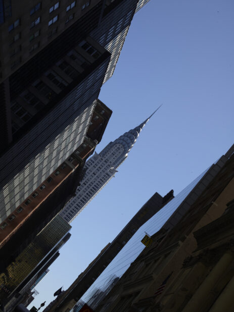 Tilted Low Angle View Up to the Empire State Building and Other Skyscrapers in Manhattan, New York City