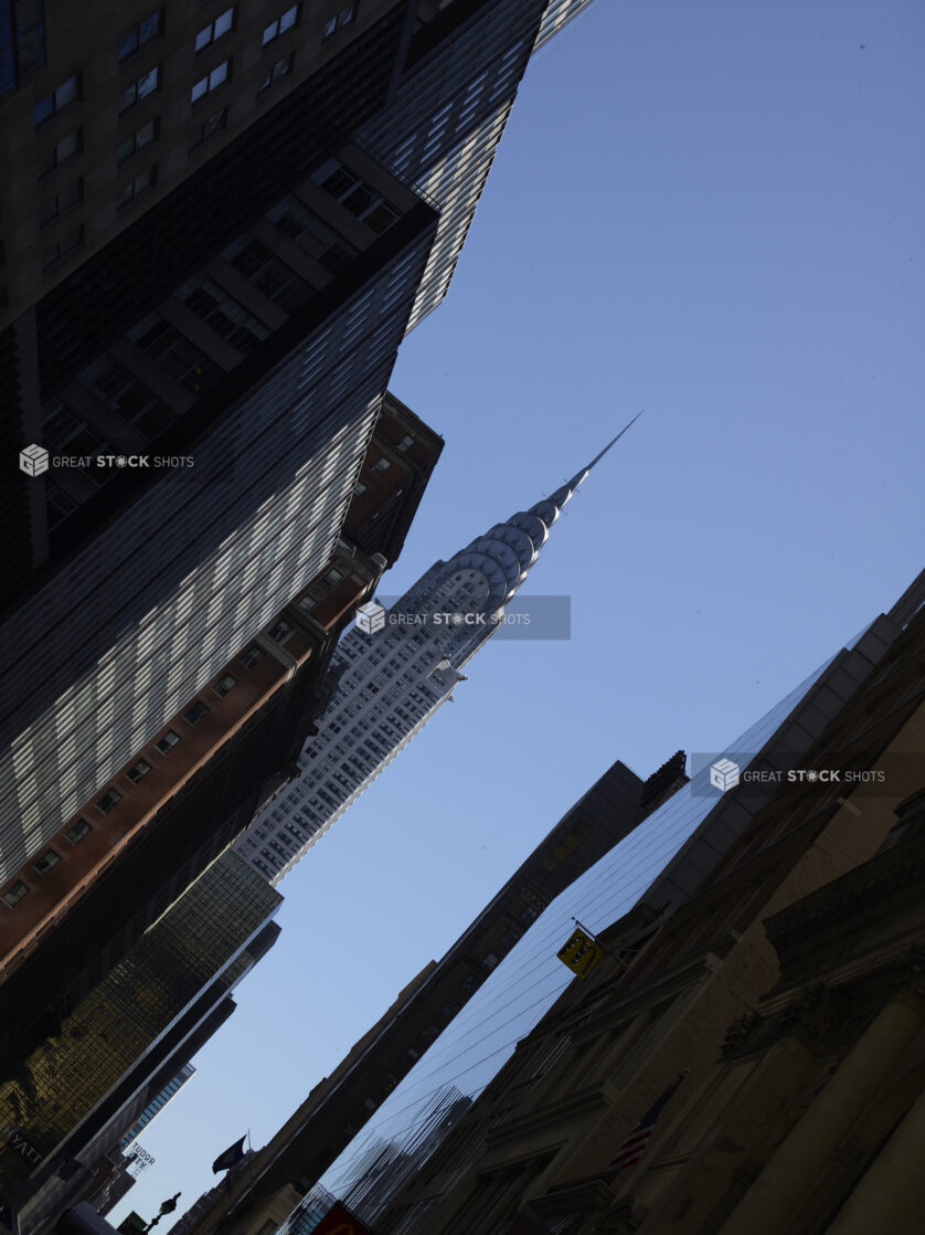 Tilted Low Angle View Up to the Empire State Building and Other Skyscrapers in Manhattan, New York City