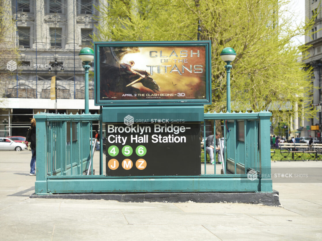 Rear View of the Green Staircase for the Brooklyn Bridge City Hall Station Subway Entrance in Manhattan, New York City