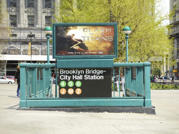 Rear View of the Green Staircase for the Brooklyn Bridge City Hall Station Subway Entrance in Manhattan, New York City