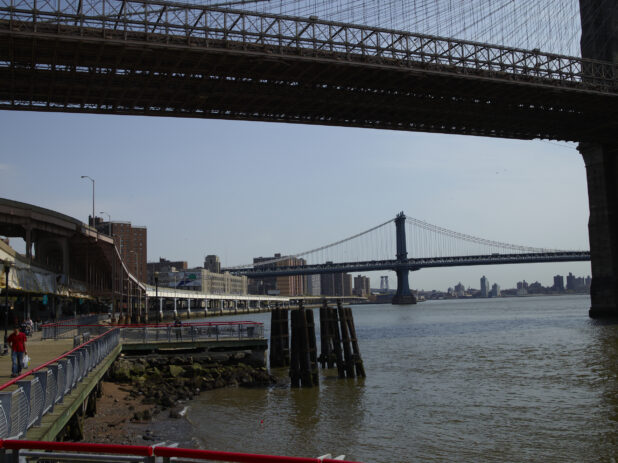 View Along East River Greenway Towards Manhattan Bridge From Under Brooklyn Bridge in Manhattan, New York City