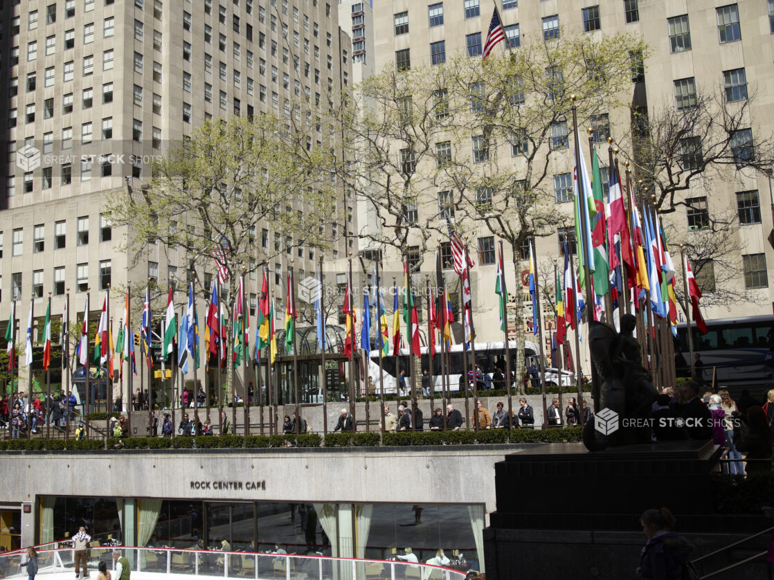 View to Flags of the World Surrounding the Lower Plaza of the Rockefeller Center in Manhattan, New York City