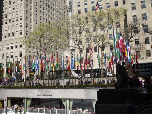 View to Flags of the World Surrounding the Lower Plaza of the Rockefeller Center in Manhattan, New York City