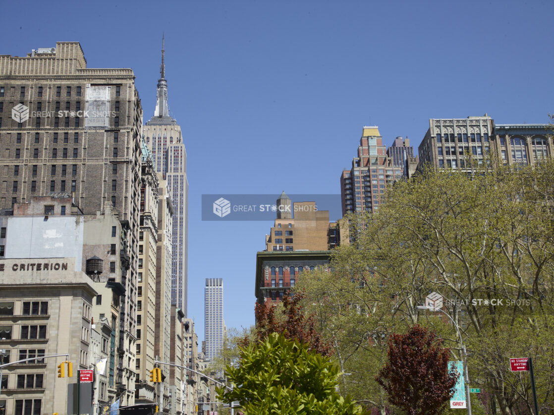 Low Angle View Along Broadway Towards the Empire State Building in Manhattan, New York City