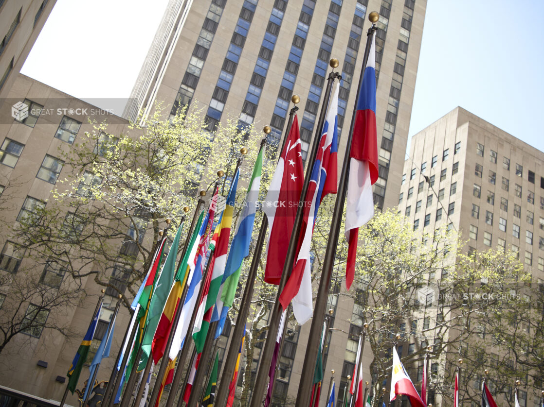 Close Up View of the Flags of the World Surrounding the Lower Plaza of the Rockefeller Center in Manhattan, New York City