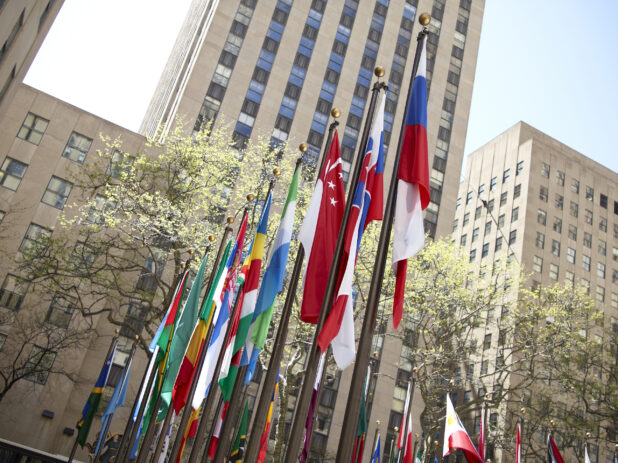 Close Up View of the Flags of the World Surrounding the Lower Plaza of the Rockefeller Center in Manhattan, New York City