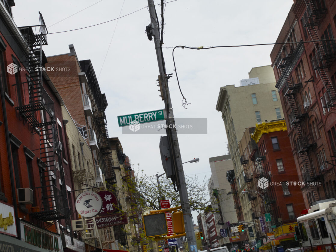 Utility Pole with Mulberry Street Road Sign in Little Italy, Manhattan, New York City