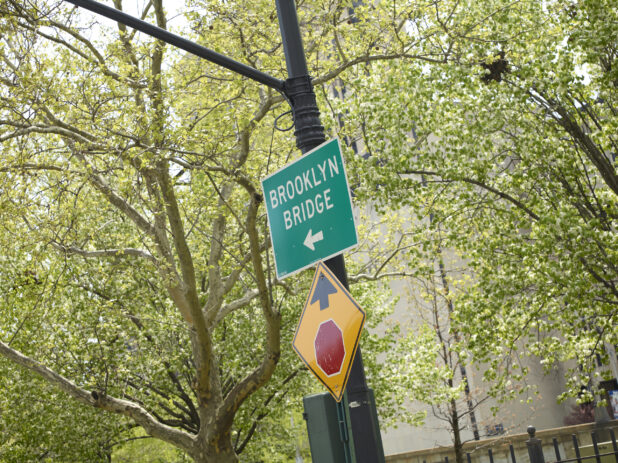 Street Sign Pointing to Brooklyn Bridge in Manhattan, New York City