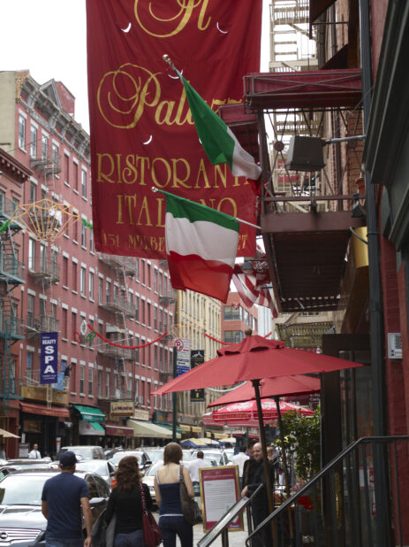 View Down Mulberry Street in Little Italy in Front of Il Palazzo Italian Restaurant (Closed) in Manhattan, New York City