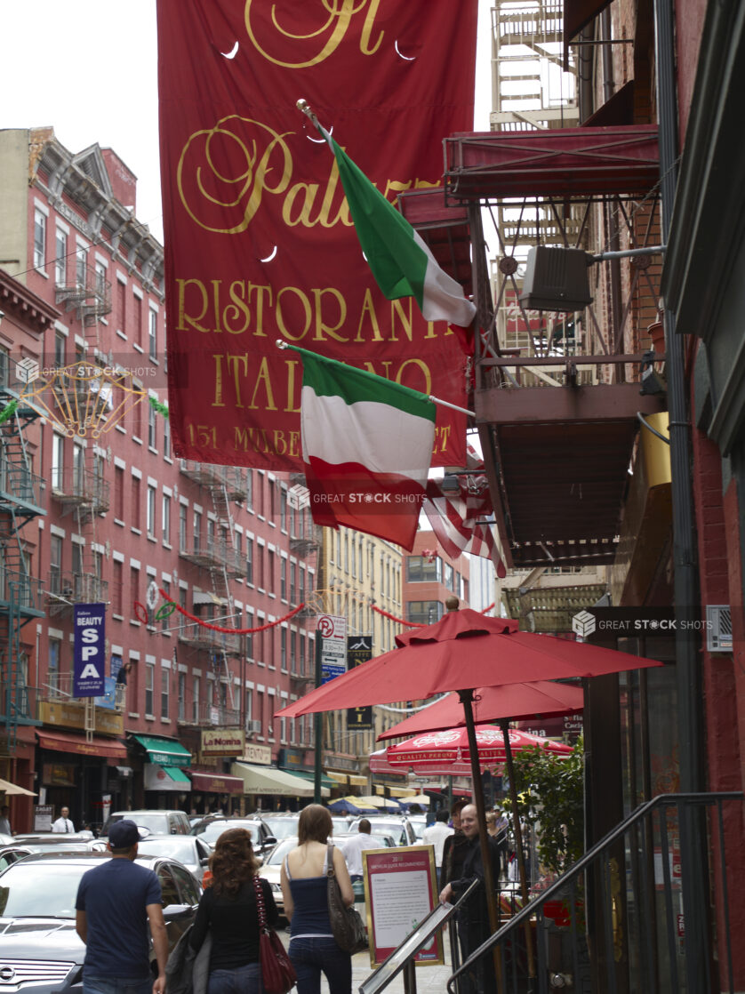 View Down Mulberry Street in Little Italy in Front of Il Palazzo Italian Restaurant (Closed) in Manhattan, New York City
