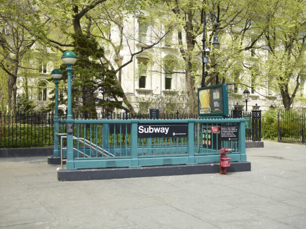 Side View of the Green Staircase for the Brooklyn Bridge City Hall Station Subway Entrance in Manhattan, New York City