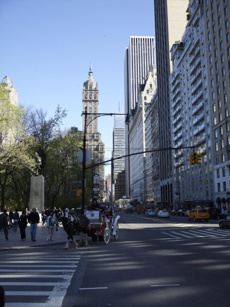 View Down West 59th Street to Central Park and the Sherry Netherland Tower Hotel in Manhattan, New York City