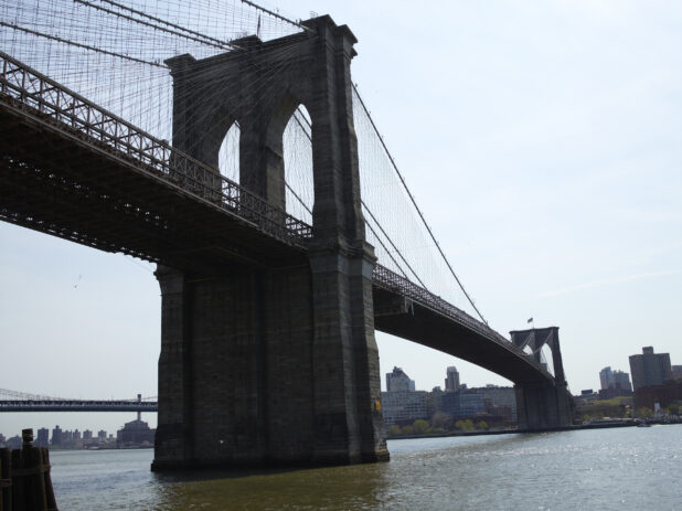 South East View Down the Brooklyn Bridge in Manhattan, New York City