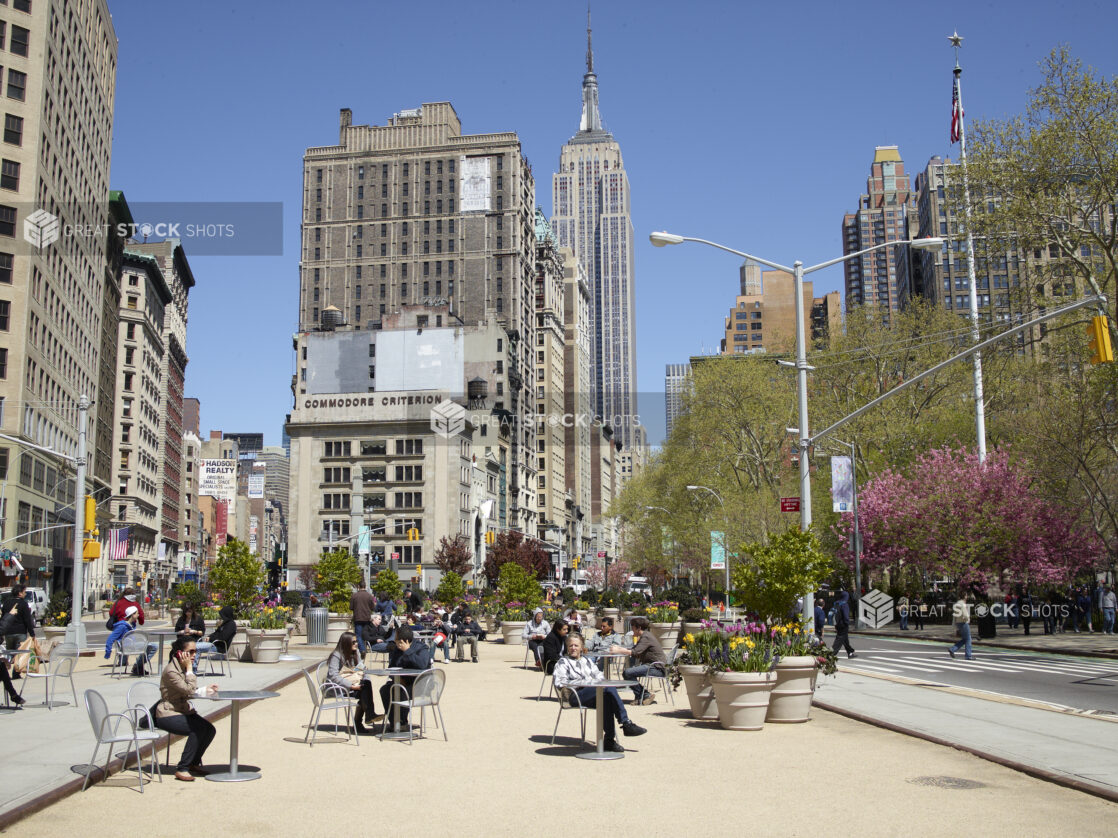 Public Space and Street Level View Down Fifth Avenue Towards Empire State Building in Manhattan, New York City