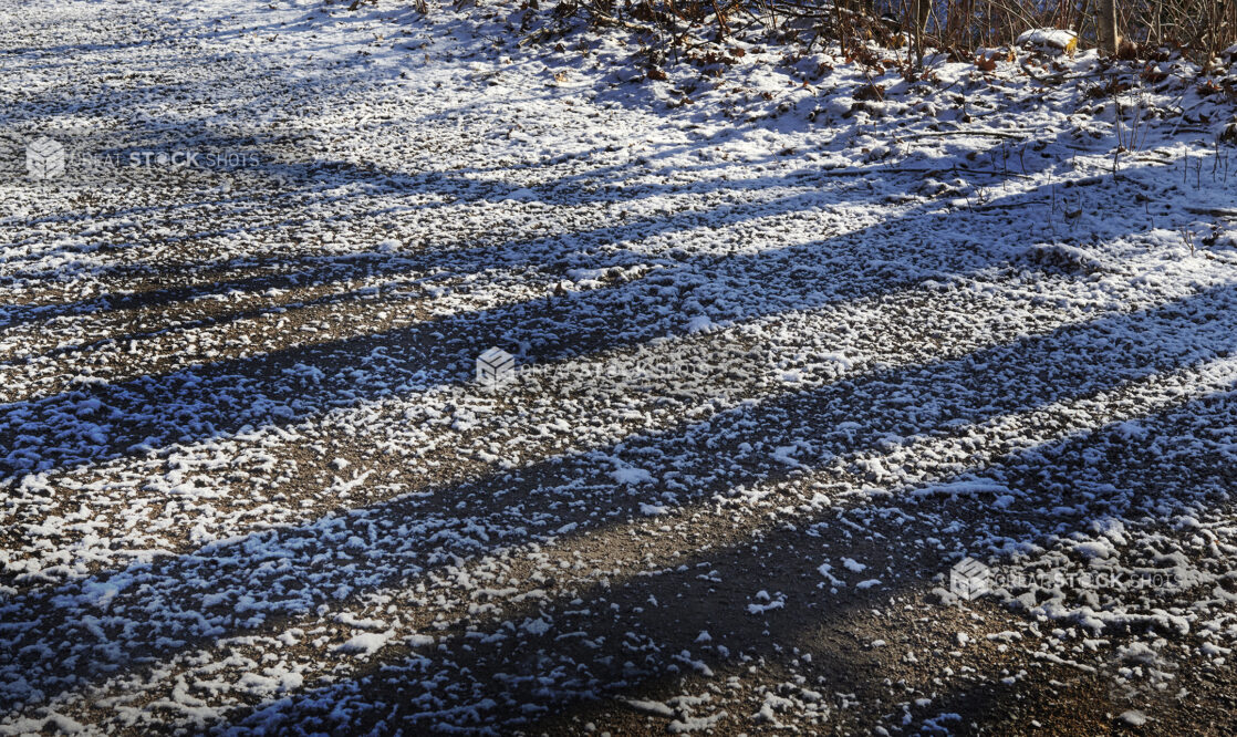 Shadows of Tree Trunks Cast on a Snowy Gravel Road in Cottage Country in Ontario, Canada