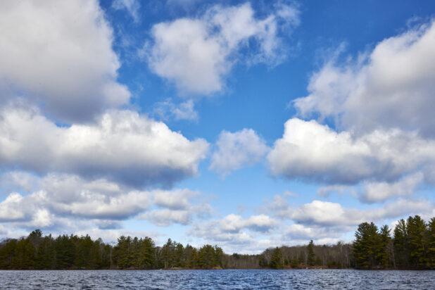 View of Cloudy Blue Sky Over a Lake and Pine Tree Forest in Cottage Country in Ontario, Canada