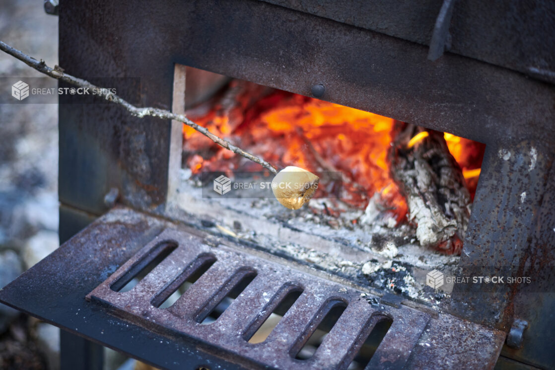 Marshmallow Toasting on a Branch in Front of a Wood-Burning Stove Fire During Winter