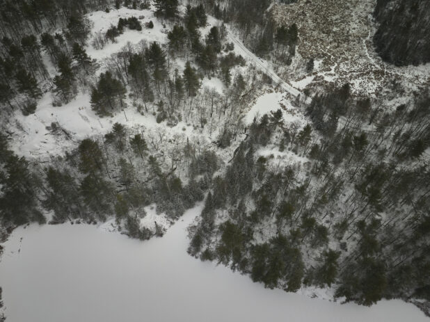 Overhead Drone View of an Evergreen Forest Covered in Snow in Cottage Country in Ontario, Canada