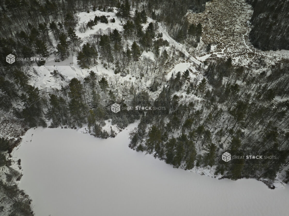 Overhead Drone View of an Evergreen Forest Covered in Snow in Cottage Country in Ontario, Canada - Variation