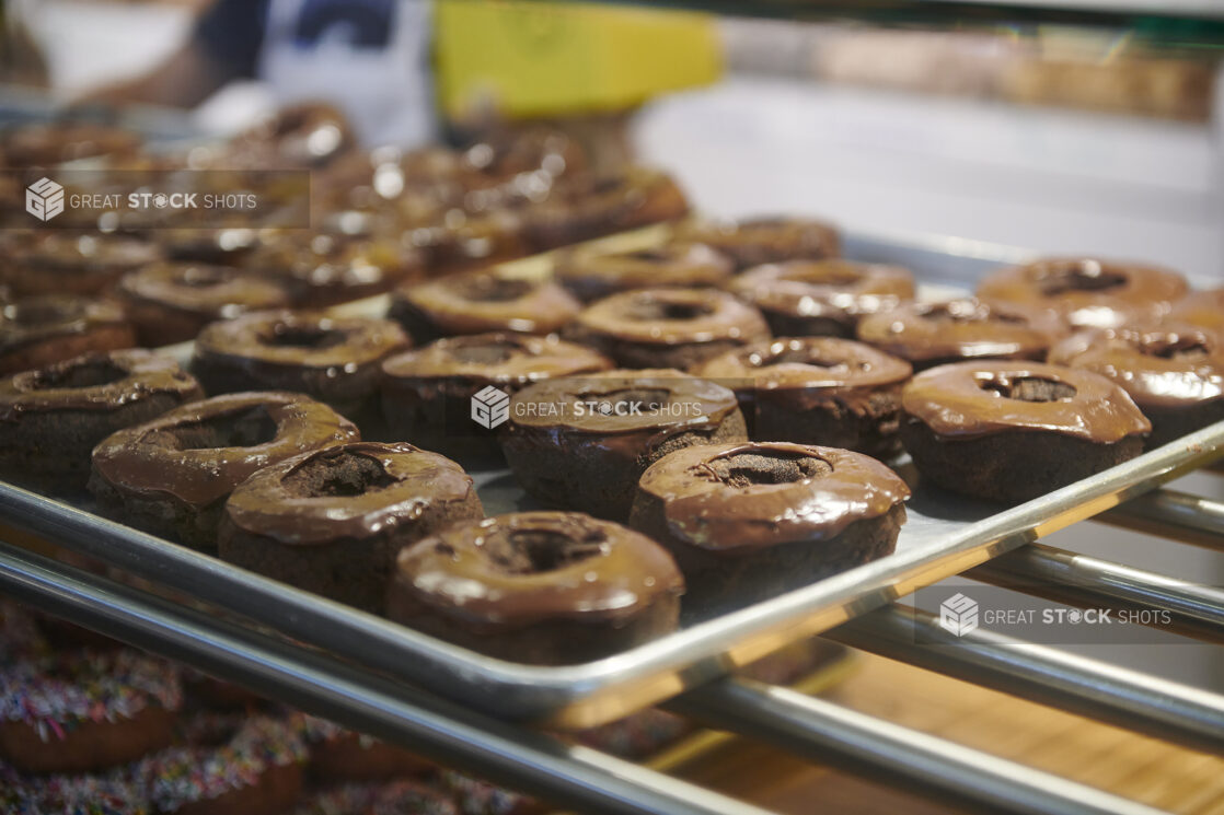 Close Up of a Sheet Pan Lined With Chocolate Iced Donuts in a Donut Shop in an Indoor Market