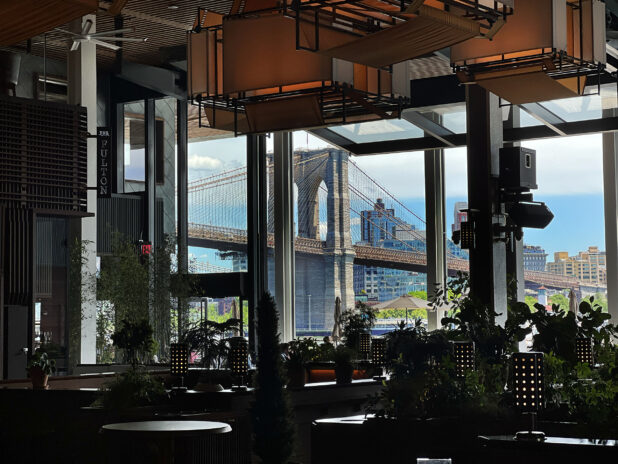 View of Brooklyn Bridge From Inside the Pearl Alley Bar in Manhattan, New York City