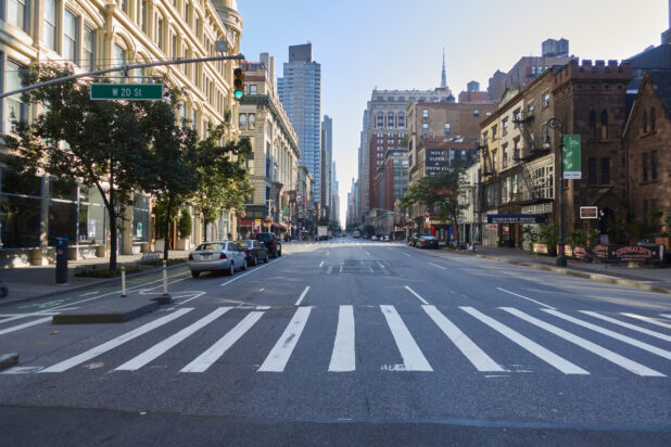 A Deserted and Empty West 20th Street in Manhattan, New York City During the Coronavirus Pandemic Stay At Home Order