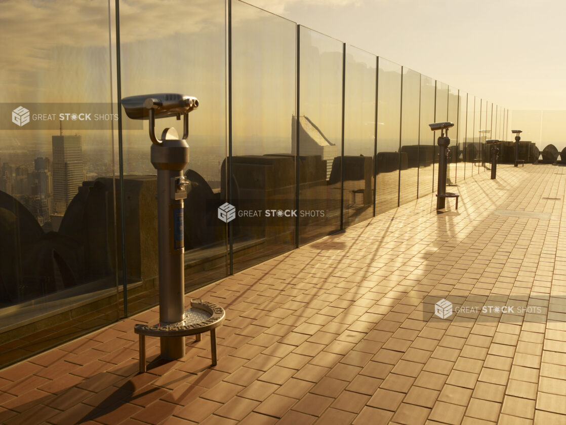 View of Coin-Operated Binoculars at Top of the Rock Observation Deck in Manhattan, New York City