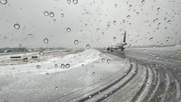 View From a Window Out to an Airport Runway During Bad Winter Weather