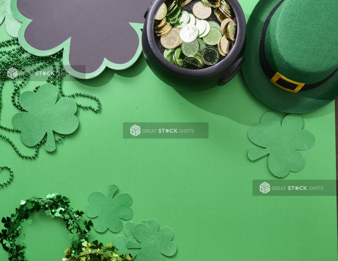 Overhead View of Assorted St. Patrick’s Day Decorations on a Green Background – Variation 4