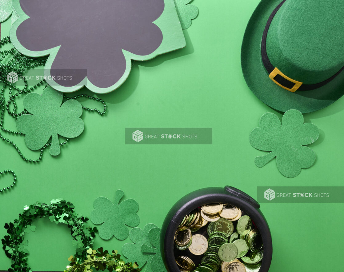 Overhead View of Assorted St. Patrick’s Day Decorations on a Green Background – Variation 5