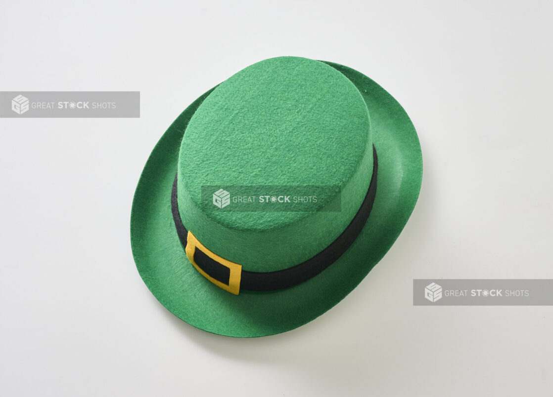 A Green Felt Leprechaun Hat for St. Patrick's Day Celebrations, Shot on White for Isolation