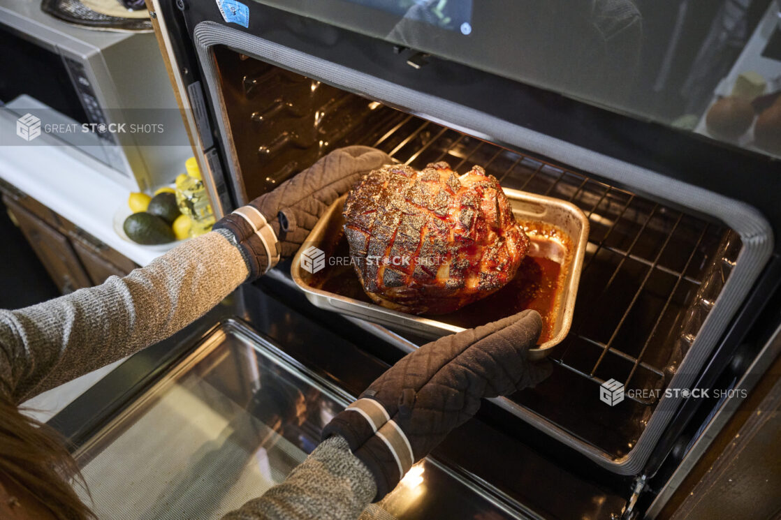 Hands Pulling a Roasted Ham Out of a Kitchen Oven in an Indoor Home Setting