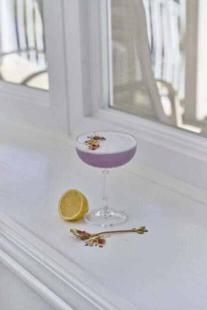 Lavender Gin Sour Cocktail in a Gin Glass on a White Counter Surface with a Fresh Lemon Half and Dried Flower Garnish in an Indoor Setting